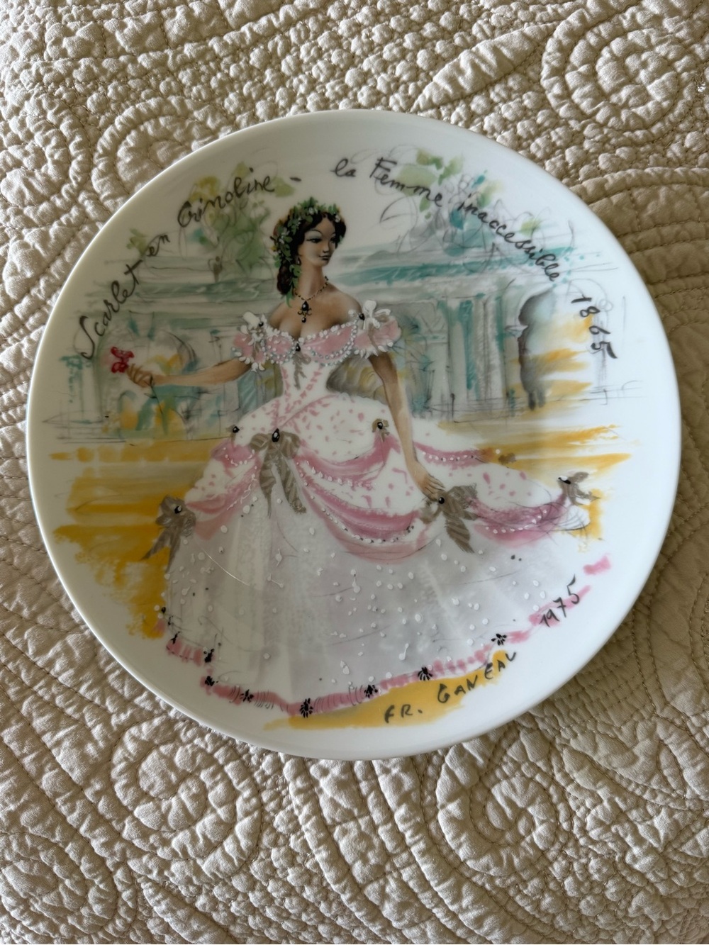 Decorative Porcelain Collector Plate with Hand-Painted Lady in White and Pink